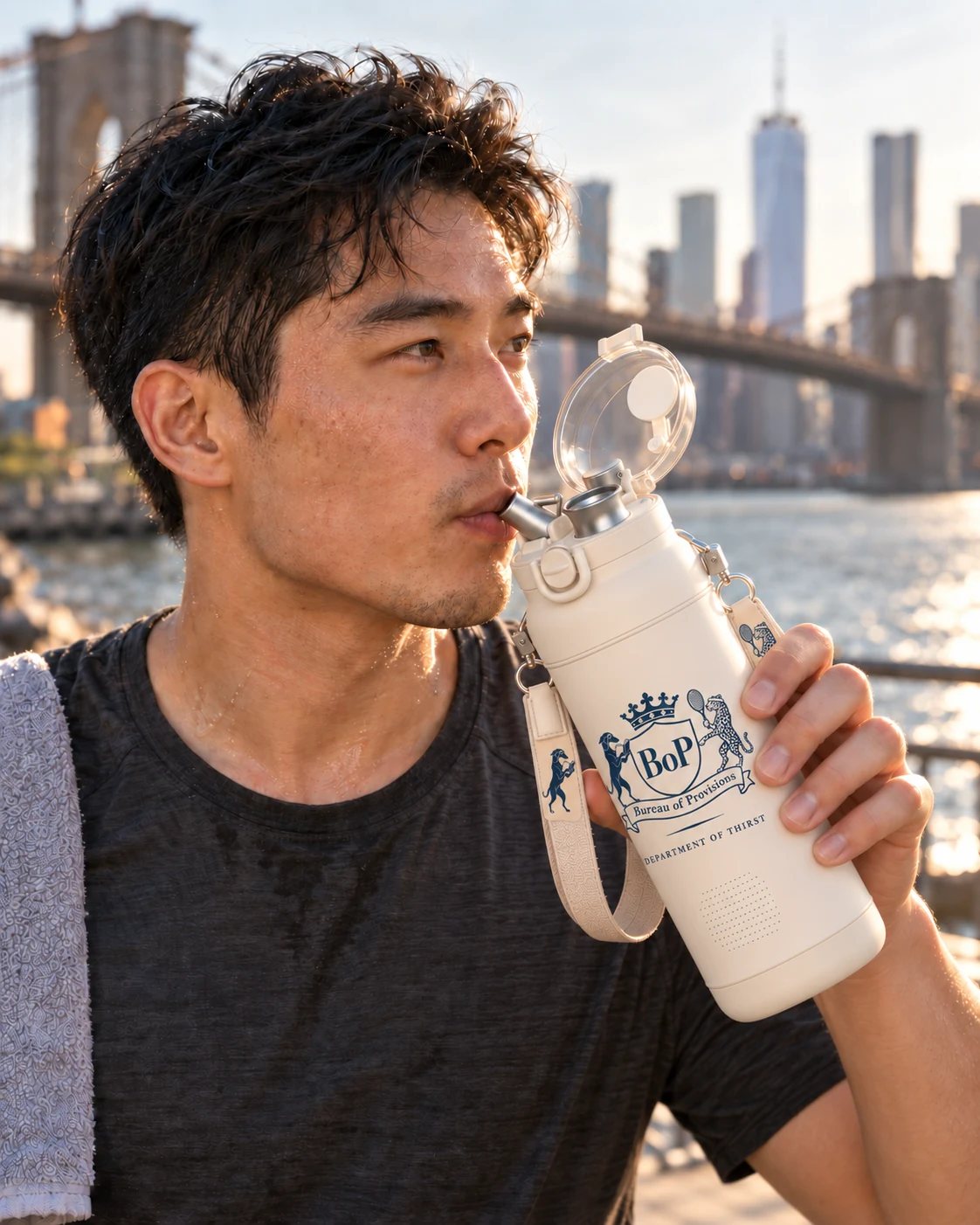 A runner in Brooklyn raising the bottle so its short metal straw meets his lips