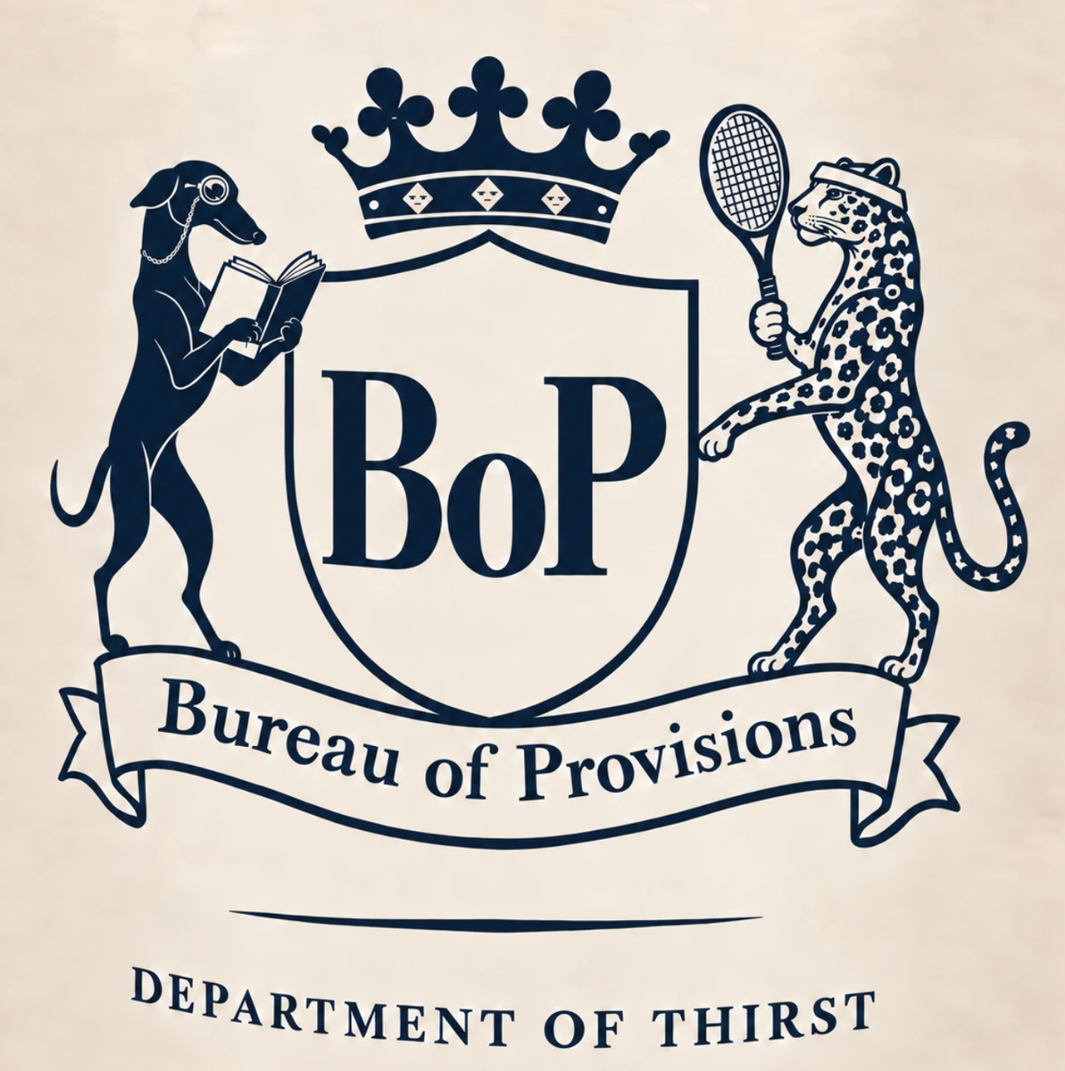Bureau of Provisions crest: a reading greyhound and tennis-playing leopard