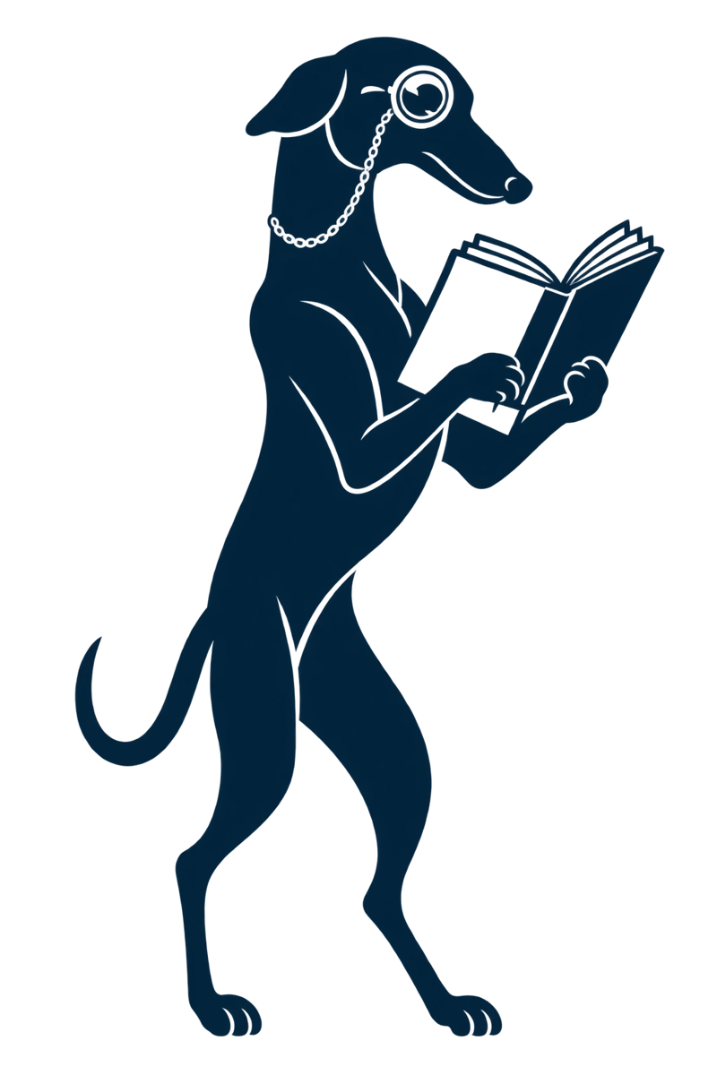 Monocled greyhound reading a book