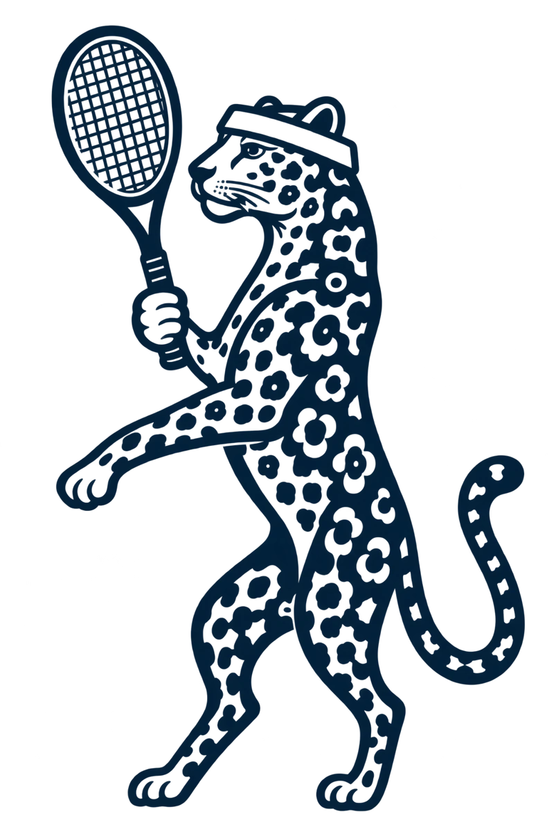 Spotted leopard wearing a headband and holding a tennis racket
